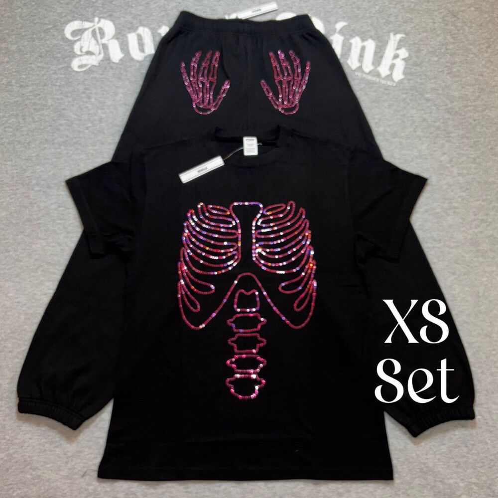 VS PINK Limited Edition Rhinestone Bling Skeleton Tee & Hands Sweatpants XS